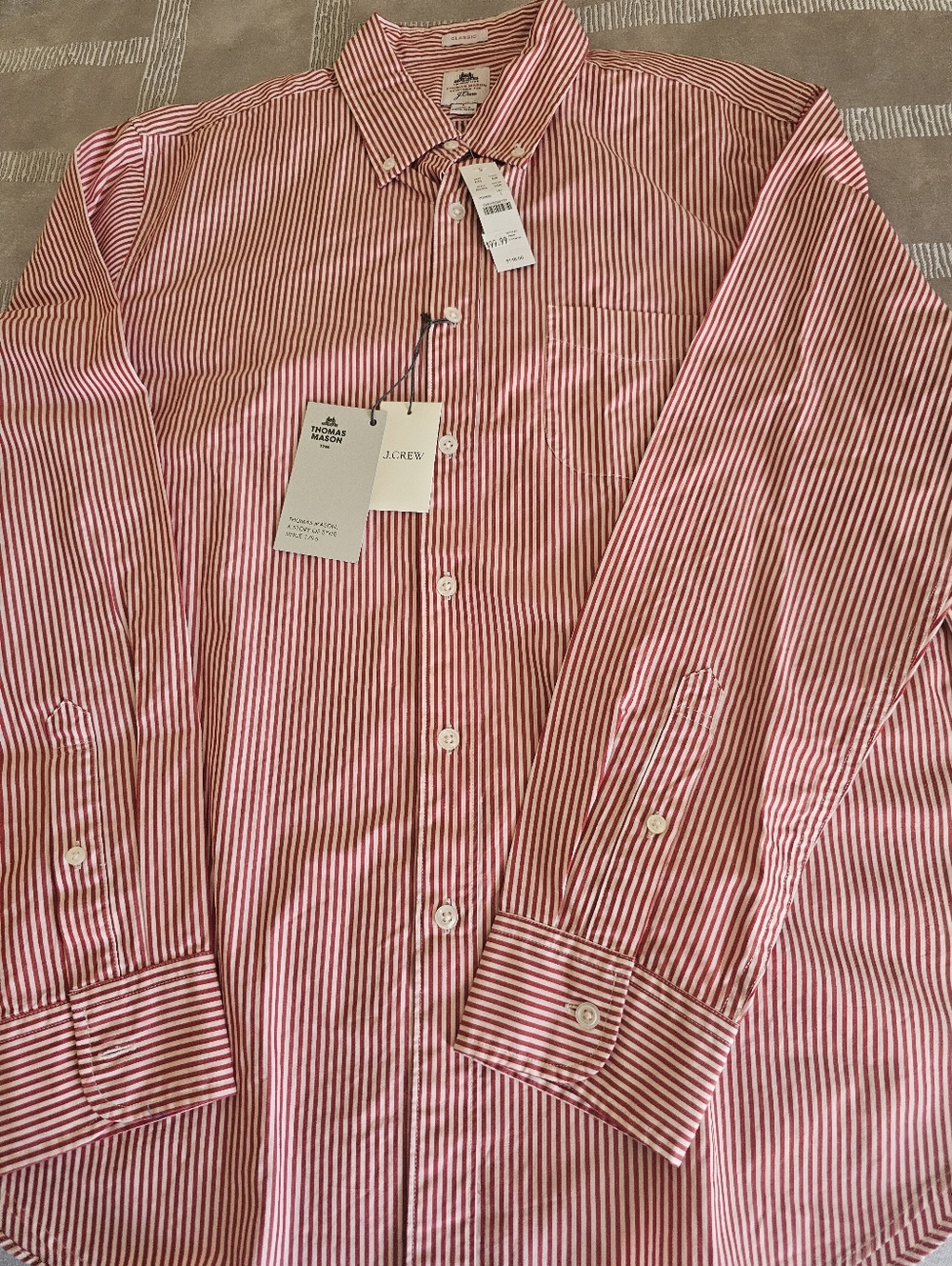 J. Crew Men's Red and White Thin Stripe Dress Shirt